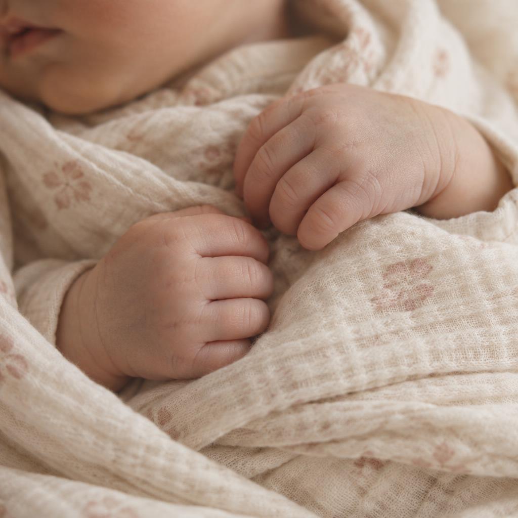 Close-up of a swaddled newborn's tiny hands