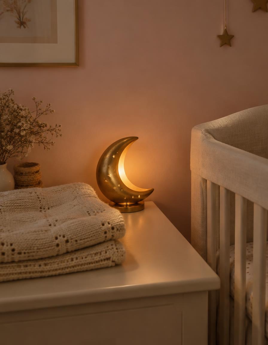 A softly lit nursery corner with a glowing moon nightlight and folded knit blanket